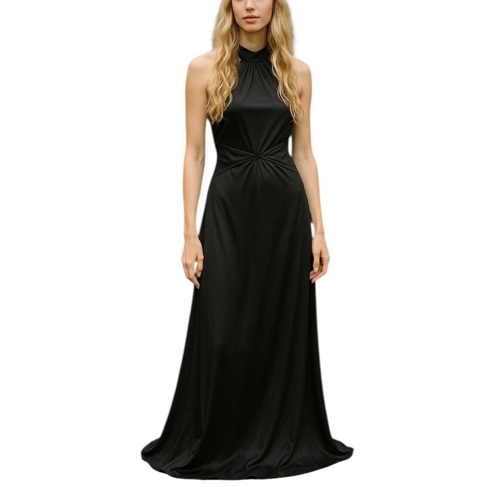 Vintage 80's Black Maxi Halter Dress Small Whimsagoth Witchy Gothic Made in USA